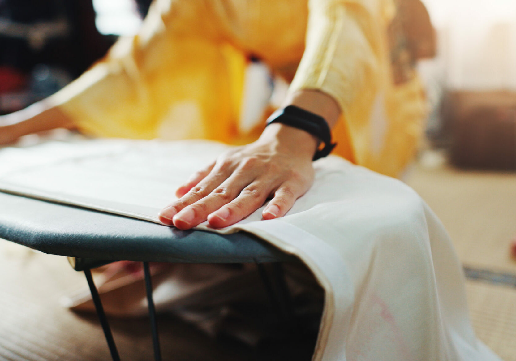 Fashion, fabric and hands of woman with creative kimono design, manufacturing or silk craft. Small .